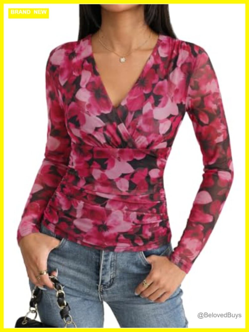 Womens Boho Mesh Long Sleeve Blouse V-Neck Ruched Dressy Casual Top